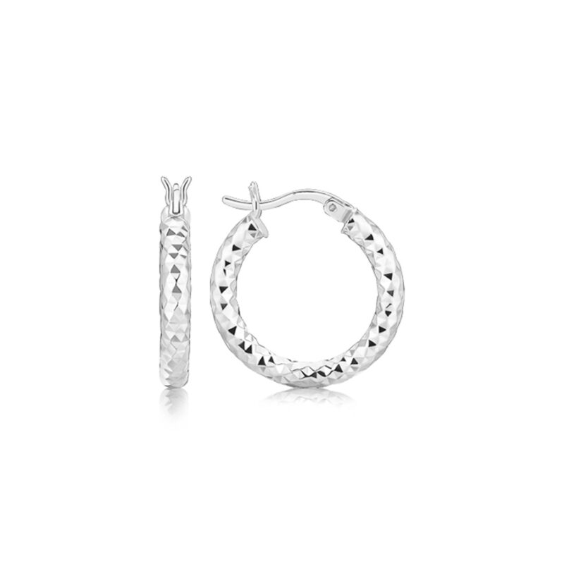 Faceted Short Hoop Earrings Sterling Silver Polished Rhodium Plated (3x15mm)