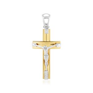 14k Two Tone Gold Cross Crucifix Pendant High Polish Diamond Cut