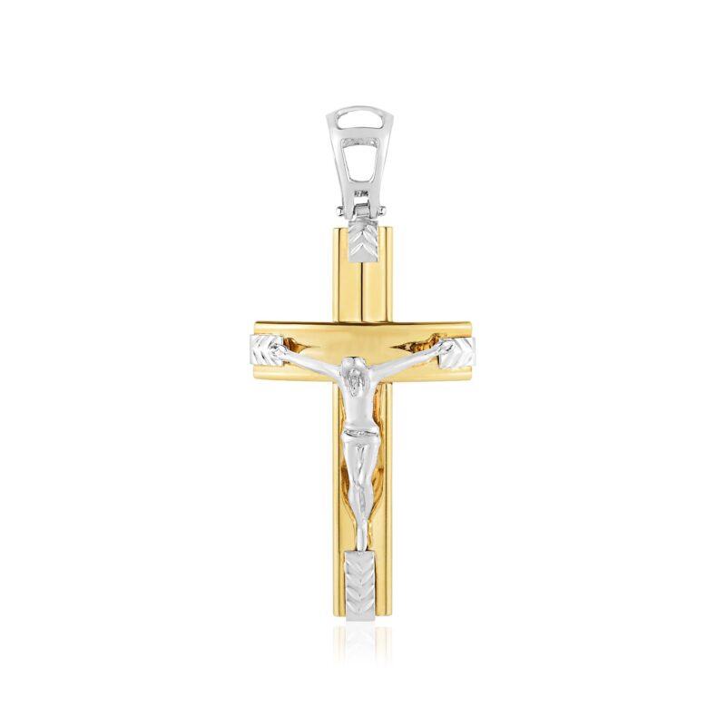 14k Two Tone Gold Cross Crucifix Pendant High Polish Diamond Cut