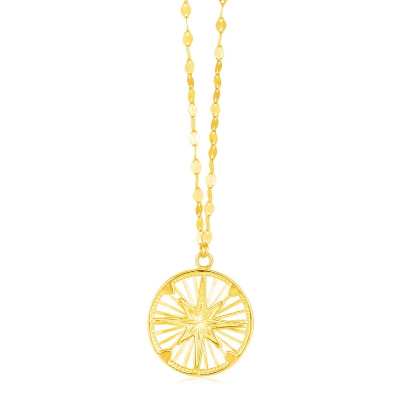 14k Yellow Gold Compass Pendant Necklace with Lobster Clasp