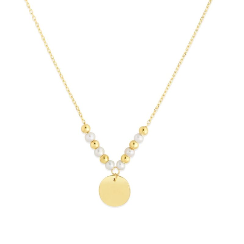 14k Yellow Gold Beaded Pearl Disc Drop Pallina Necklace High Polish