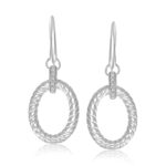 Sterling Silver Rhodium Finished Diamond Embellished Oval Rope Drop Earrings