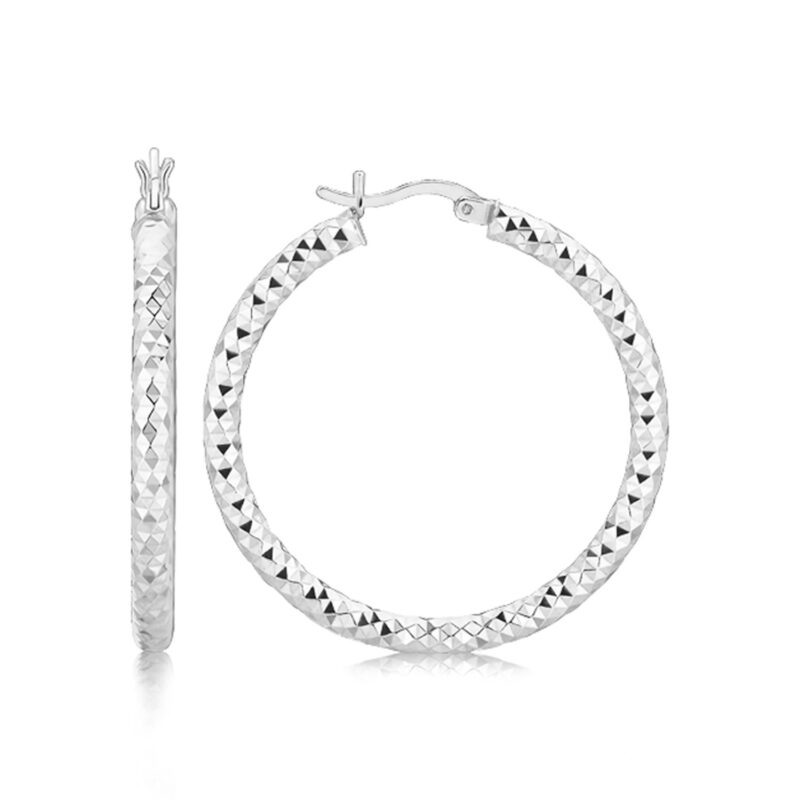 Large Hoop Earrings Sterling Silver Faceted Motif Rhodium Plating (4x25mm)
