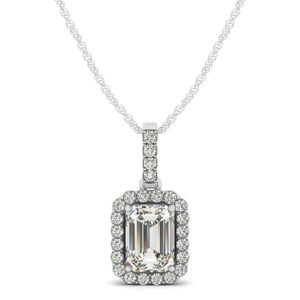 Diamond Halo Pendant Necklace With Emerald Center 14k White Gold 1 1/5 cttw