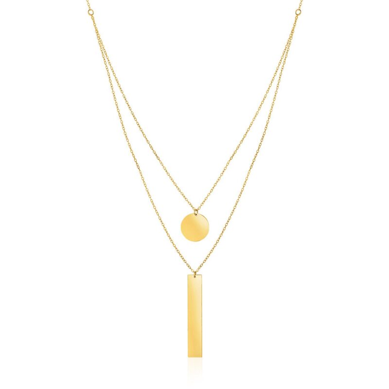 14k Yellow Gold 18 inch Two Strand Necklace with Circle and Bar Pendants