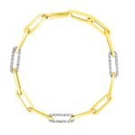 14k Yellow Gold 7.5 inch Paperclip Chain Bracelet with Three Diamond Links (2 mm)