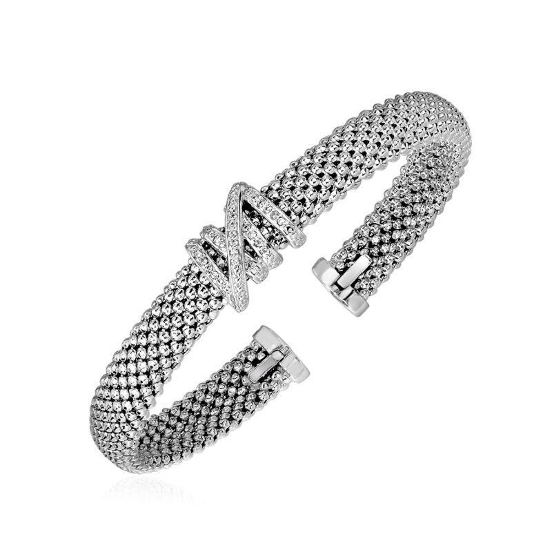 Popcorn Texture Cuff Bangle with Diamonds in Sterling Silver (8 mm)
