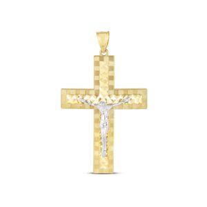 14k Gold Crucifix Cross Pendant Two Tone High Polish Diamond Cut