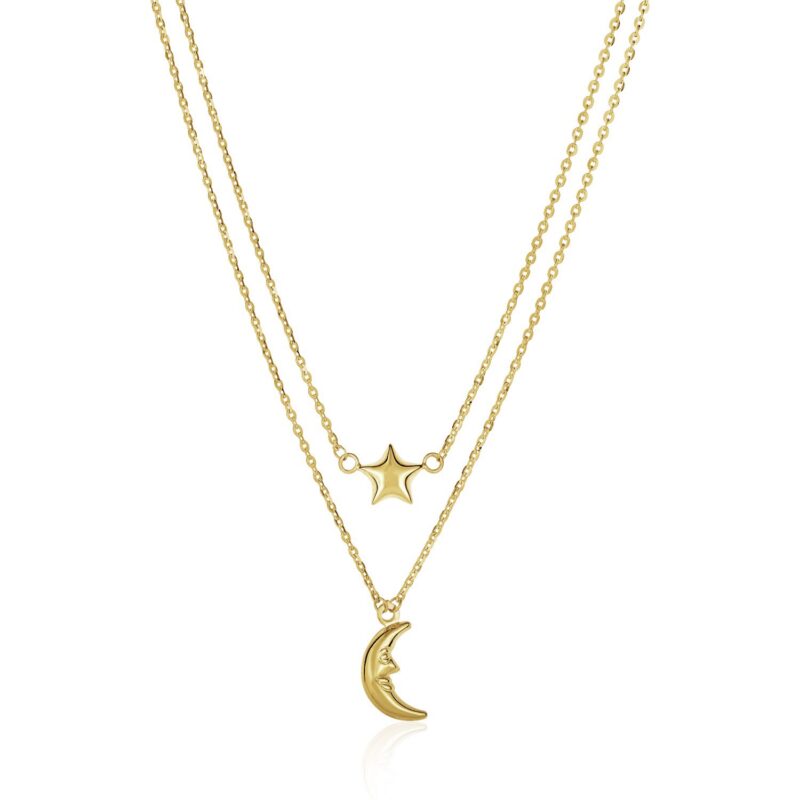 14k Gold Double-Strand Chain Puff Moon & Star Necklace