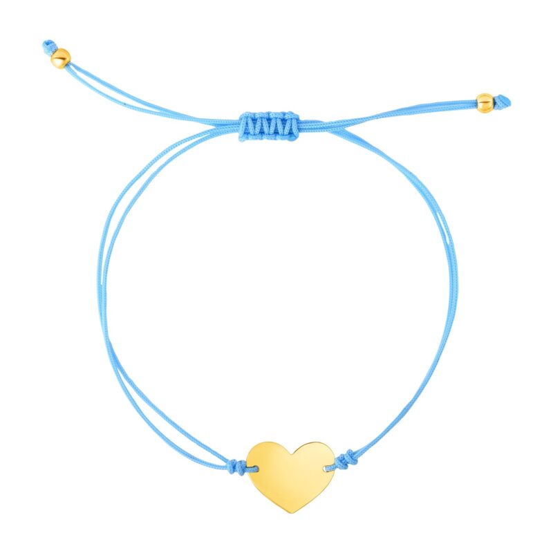 Blue Cord Adjustable Bracelet with 14k yellow Gold Heart 9 1/4 inch