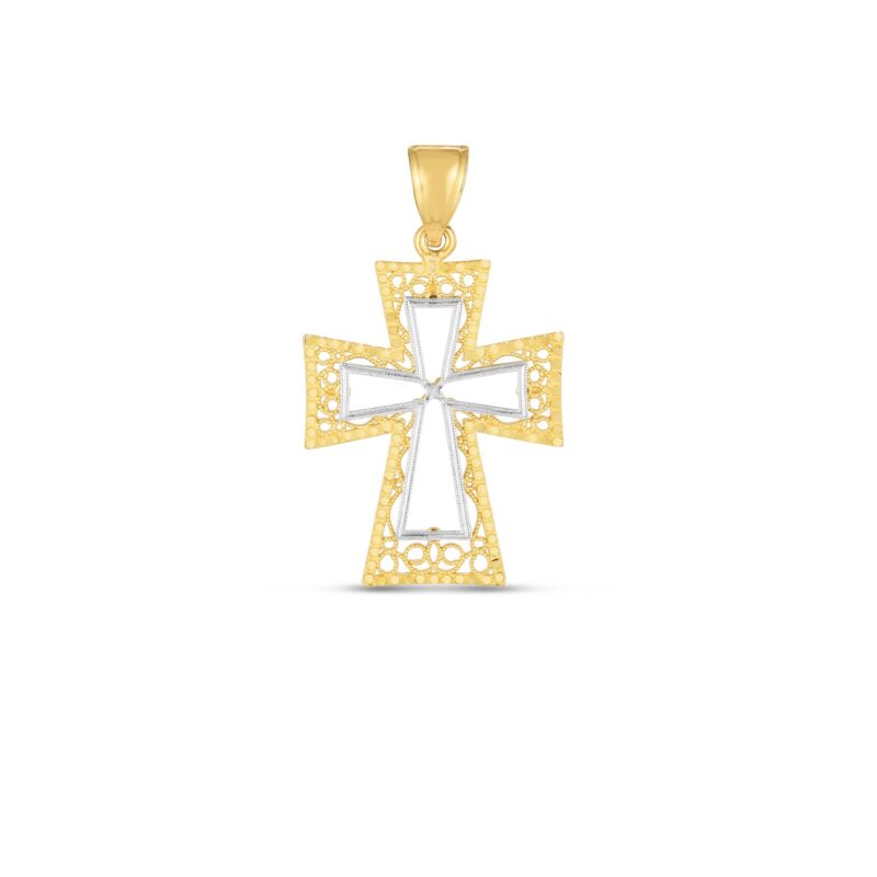 14k Two Tone Gold Diamond Cut Cross Pendant High Polish
