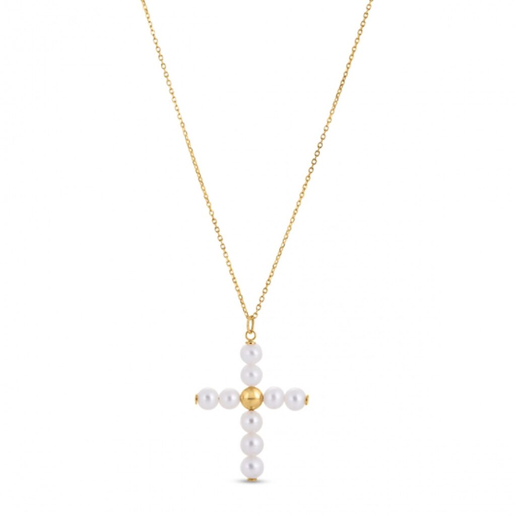 14k Yellow Gold Pearl Cross Pendant Necklace
