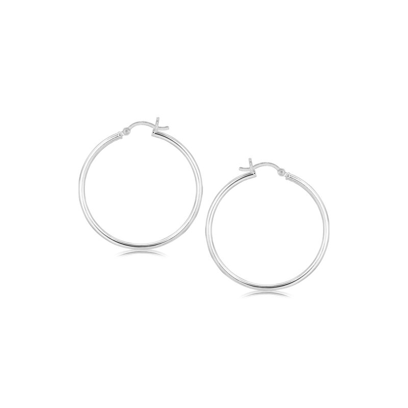 Thin Medium Hoop Earrings Polished Sterling Silver Rhodium Plated (2x35mm)