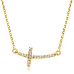Diamond Accented Curved Horizontal Cross Necklace 0.11 cttw 14k Yellow Gold