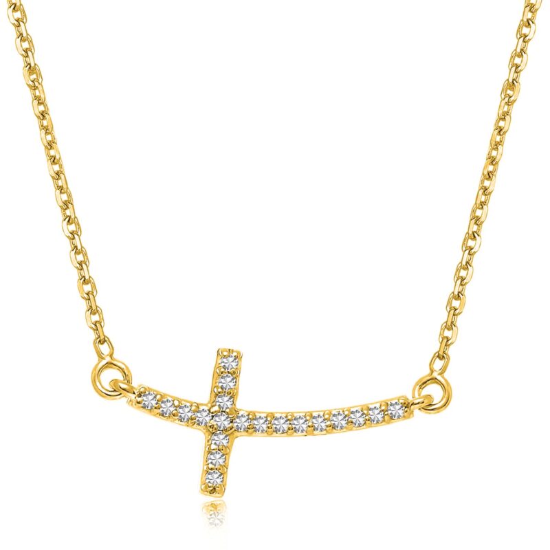 Diamond Accented Curved Horizontal Cross Necklace 0.11 cttw 14k Yellow Gold