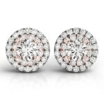 Round Halo Diamond Stud Earrings 3/4 Carat 14k White and Rose Gold