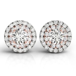 Round Halo Diamond Stud Earrings 3/4 Carat 14k White and Rose Gold
