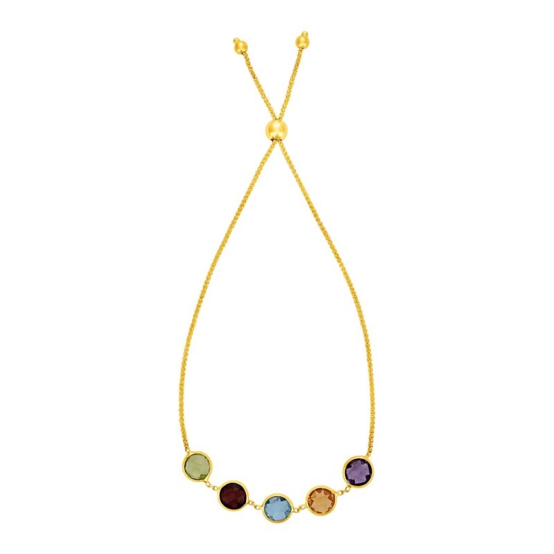 Adjustable Bracelet with Multicolored Round Gemstones 14k Yellow Gold (1.00mm)