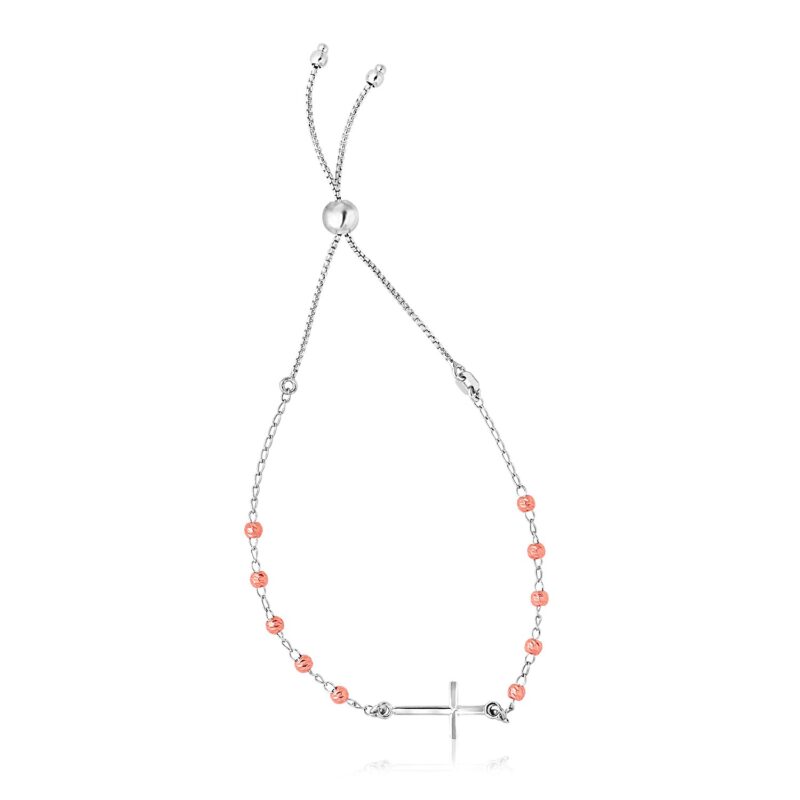 Sterling Silver Adjustable Bracelet with Cross White and Rose Finish (1.20 mm)