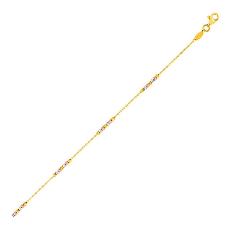 14k Gold Anklet Textured Beads Tri Color