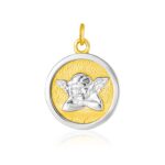 14k Two Tone Gold Round Angel Medal Pendant