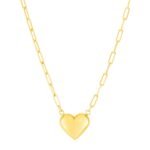14k Yellow Gold Paperclip Chain Necklace with Puffed Heart