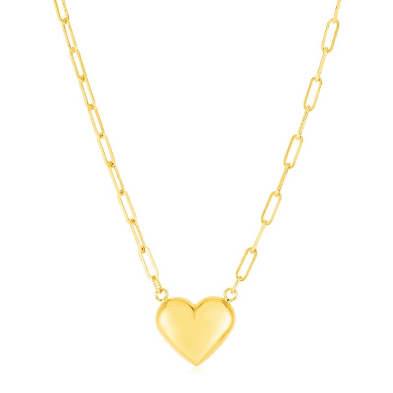 14k Yellow Gold Paperclip Chain Necklace with Puffed Heart