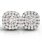 0.75 Carat Cushion Shape Halo Diamond Earrings 14k White and Rose Gold
