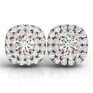 0.75 Carat Cushion Shape Halo Diamond Earrings 14k White and Rose Gold