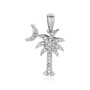 Palm Tree and Crescent Moon Pendant with Cubic Zirconias Sterling Silver