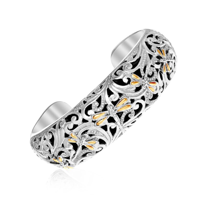 18k Yellow Gold & Sterling Silver Diamond Accent Dragonfly Cuff Bangle (19 mm)