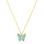 14k Yellow Gold Butterfly Turquoise Paste Necklace High Polish