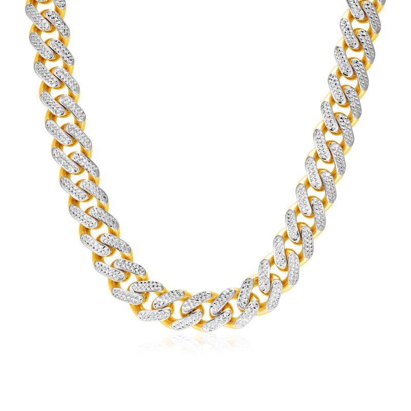 14k Two Tone Gold Miami Cuban Chain Necklace with White Pave 24 inch 13.5 mm