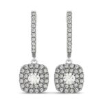 Double Halo Cushion Cut Diamond Drop Earrings 3/4 Carat 14k White Gold