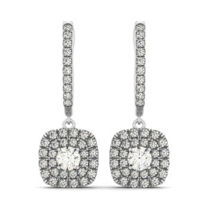 Double Halo Cushion Cut Diamond Drop Earrings 3/4 Carat 14k White Gold