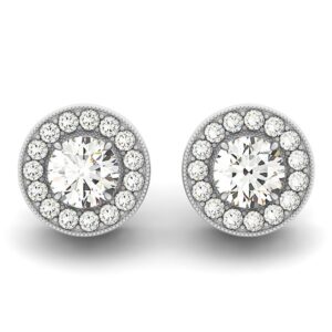 Round Diamond Halo Stud Earrings Milgrain Border 3/4 Carat 14k White Gold