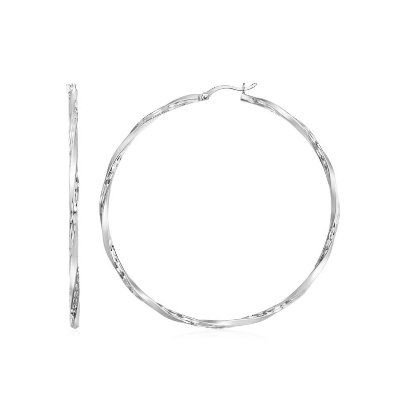 Matte and Textured Twisted Hoop Earrings in Sterling Silver (50mm)