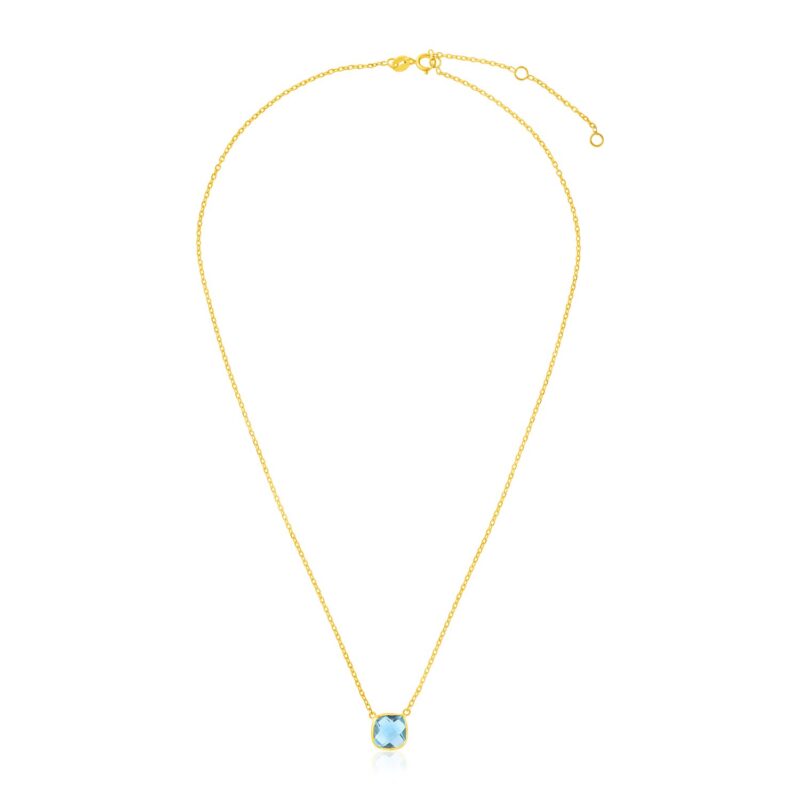 14k Yellow Gold Necklace with Cushion Blue Topaz 17 inch 43 cm