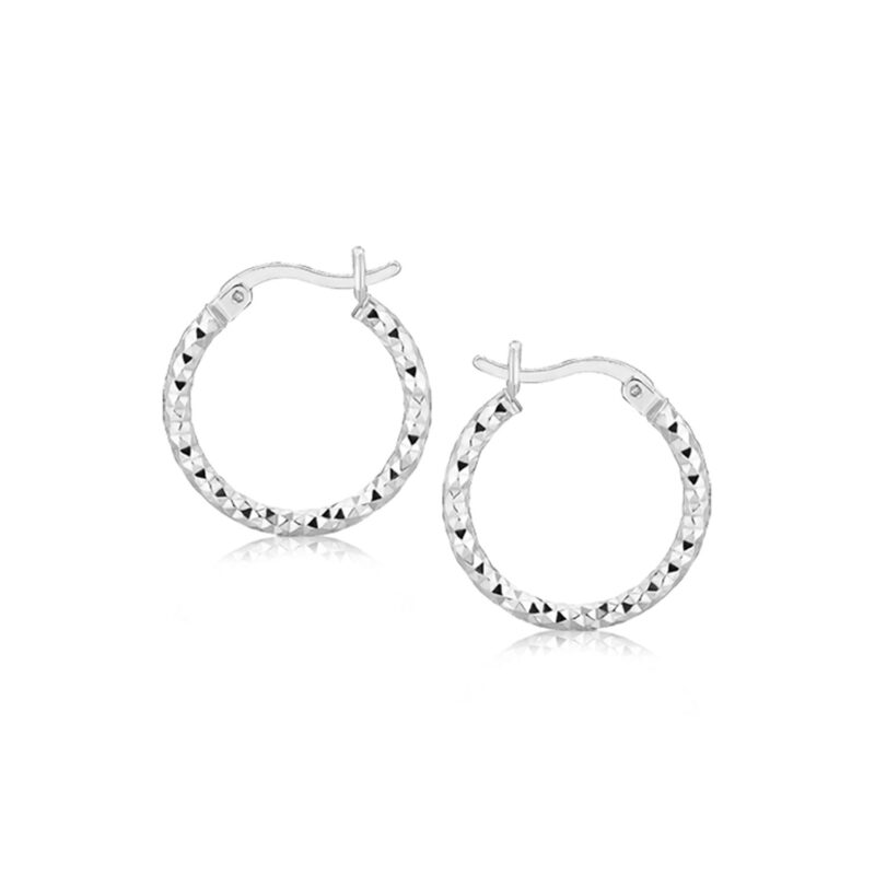 Sterling Silver Faceted Short Hoop Earrings with Rhodium Plating (2x15mm)