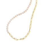 Half Pearl Half Gold Paperclip Chain Necklace for Women