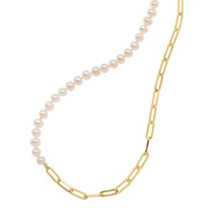 Half Pearl Half Gold Paperclip Chain Necklace for Women