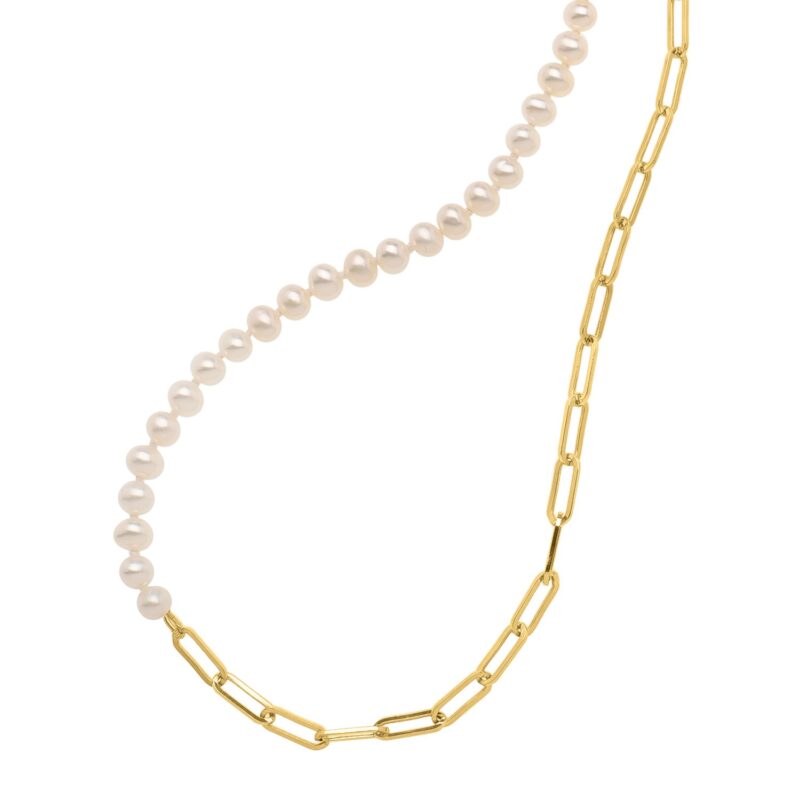 Half Chain Half Pearl Necklace, 5mm Pearl and Lite Paperclip Necklace in 14K Yellow Gold