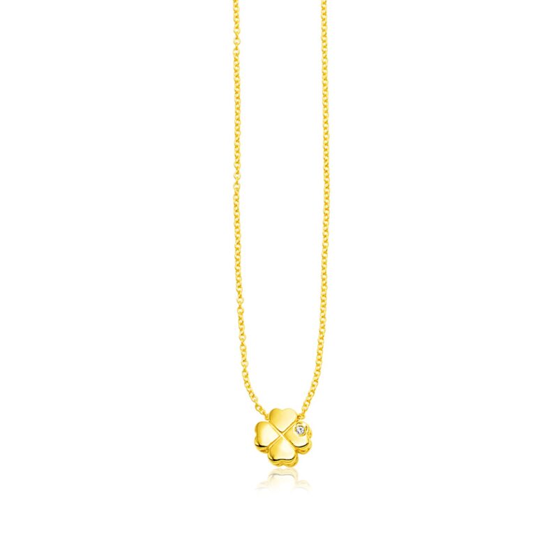 14k Yellow Gold Polished Four Leaf Clover Necklace with Diamond