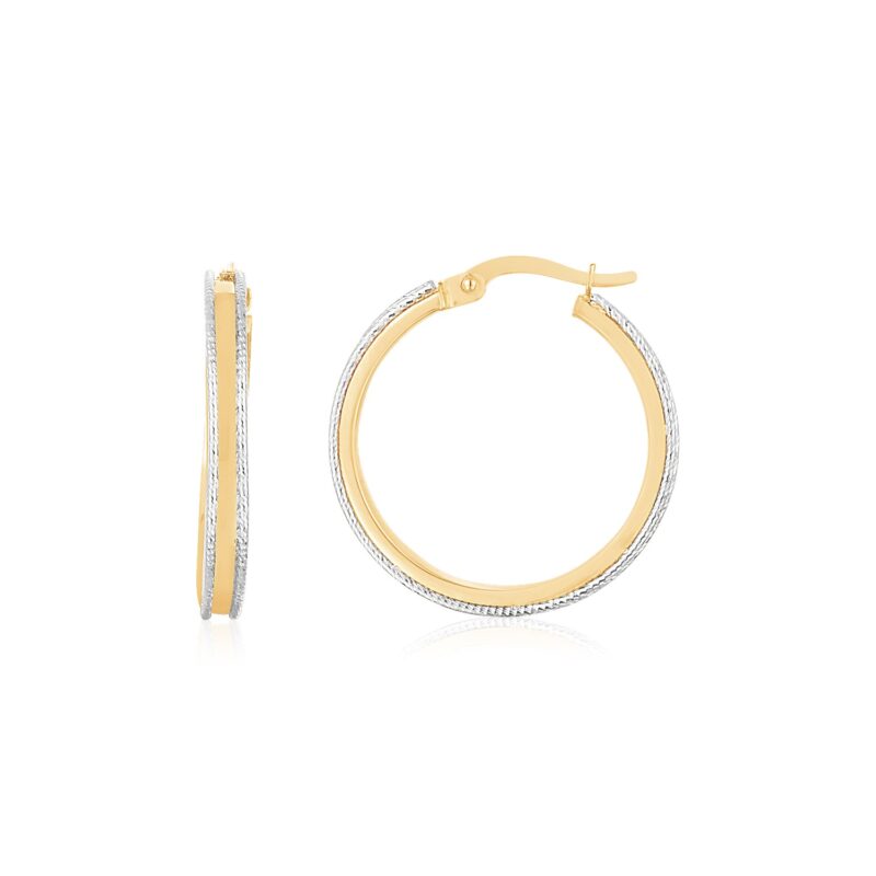 14K Two Tone Gold Diamond Cut Round Hoop Earrings