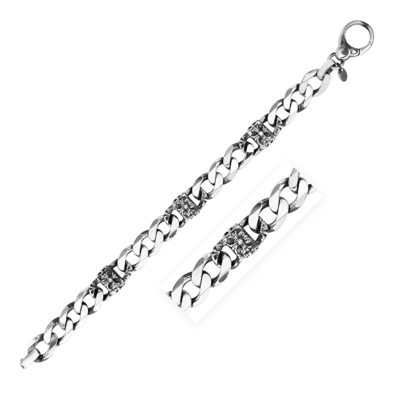 Sterling Silver Gunmetal Finish Cuban Link Bracelet with Floral Design 11.5 mm
