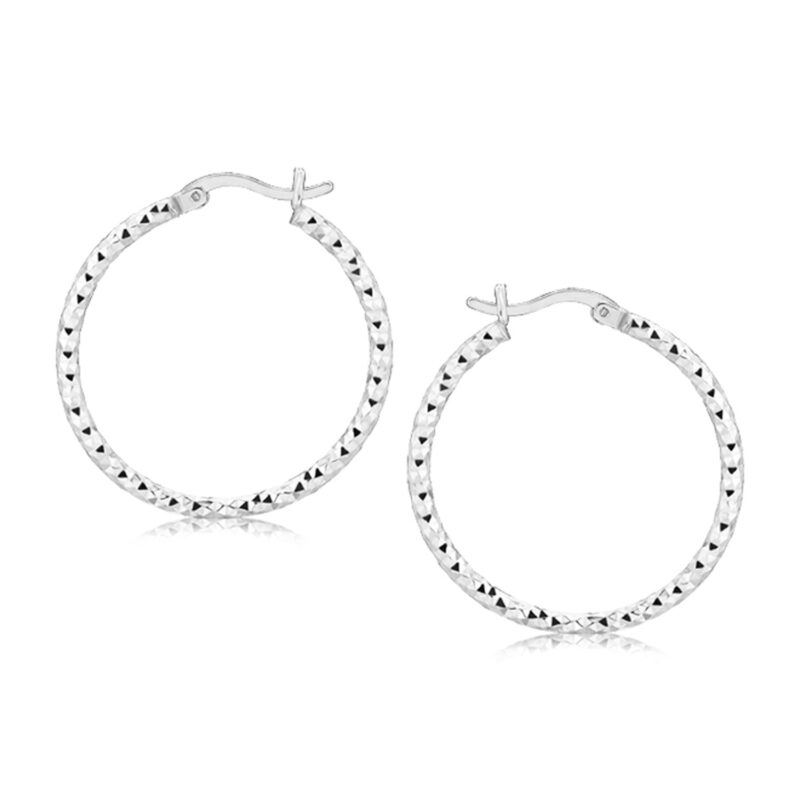 Sterling Silver Faceted Motif Hoop Earrings with Rhodium Plating (2x25mm)