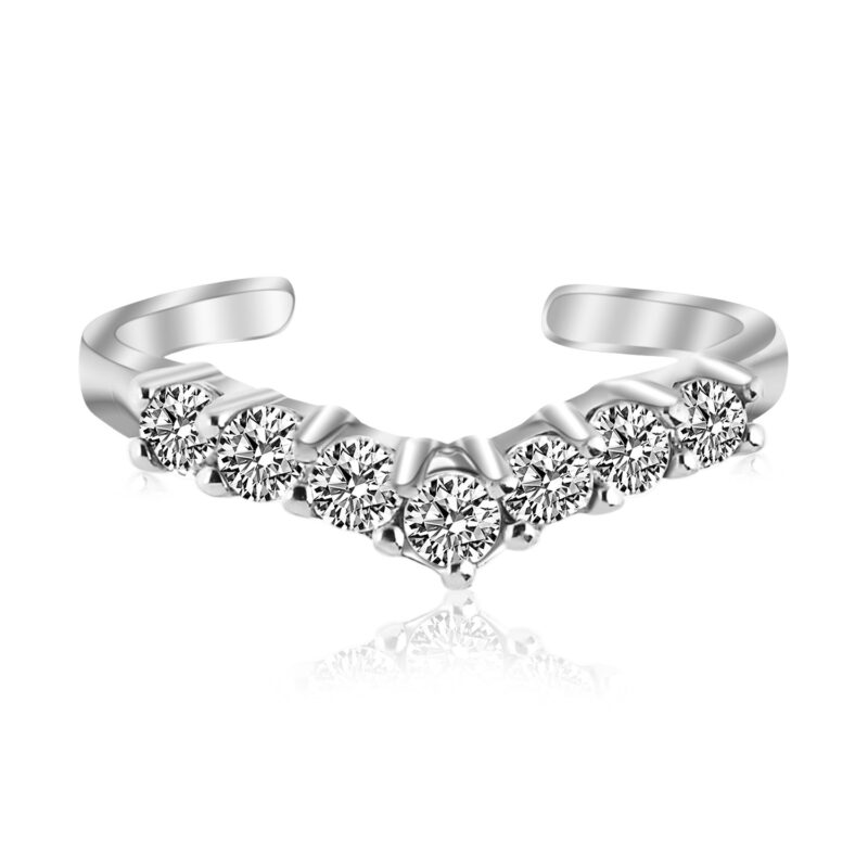 V Shape Toe Ring with Cubic Zirconia Accents Sterling Silver Rhodium Finished