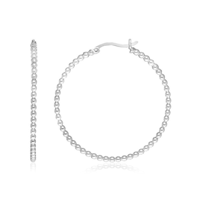 Round Hoop Earrings with Beaded Texture Sterling Silver