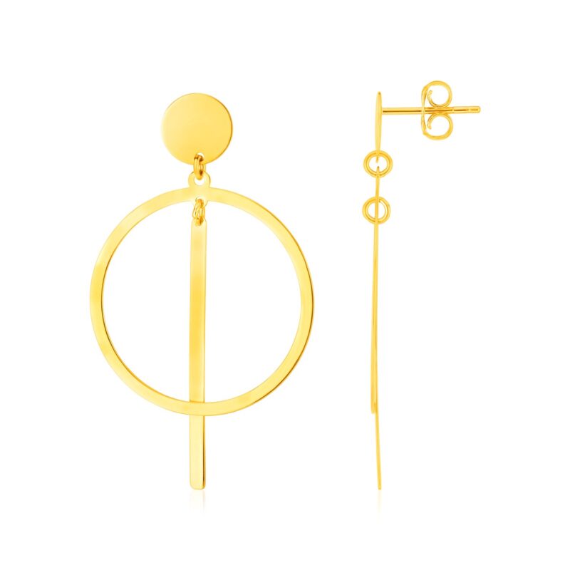 14K Yellow Gold Circle and Vertical Bar Earrings