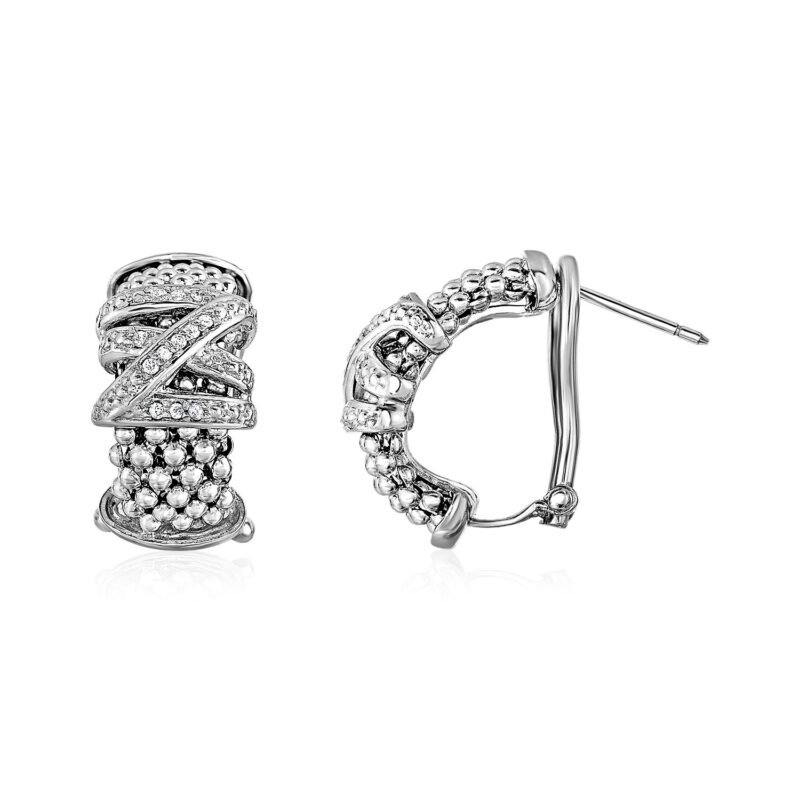 Popcorn Earrings with Crossover Motif and Diamonds in Sterling Silver Omega Back